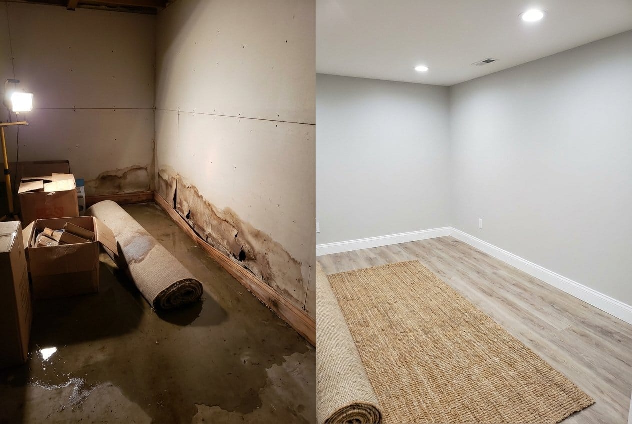 Water Damage Restoration before and after in residential basement, Bergenfield NJ