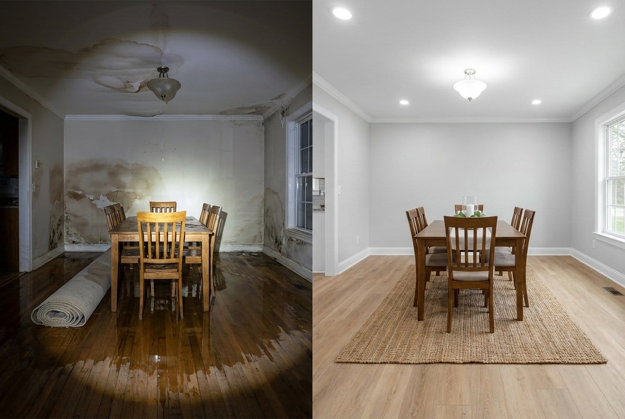 Before and after burst pipe & plumbing leak damage in Bergenfield bungalow dining room