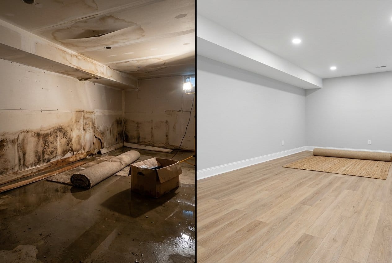 Sewage Backup Cleanup before and after in residential basement, Bergenfield NJ