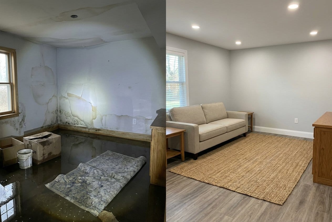 Structural Drying & Dehumidification before and after in living room, Bergenfield NJ