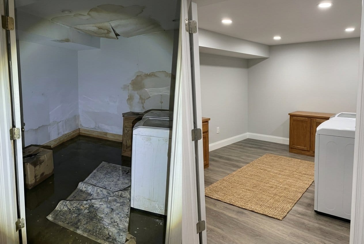 Wall & Ceiling Dry-Out restoration — laundry room of Cape Cod house in Bergenfield, NJ