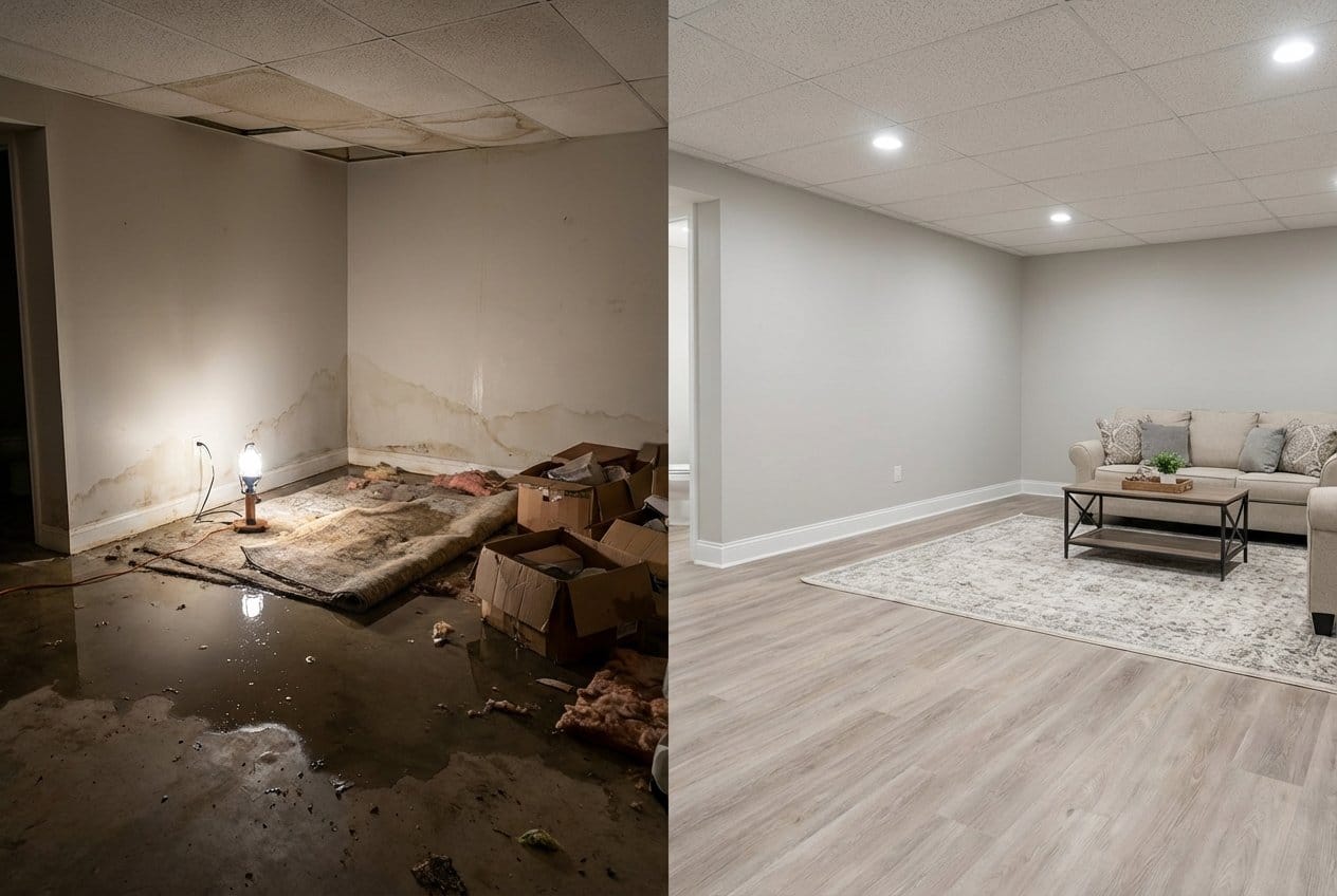 Content Drying & Property Cleanup before and after in finished basement, Bergenfield NJ
