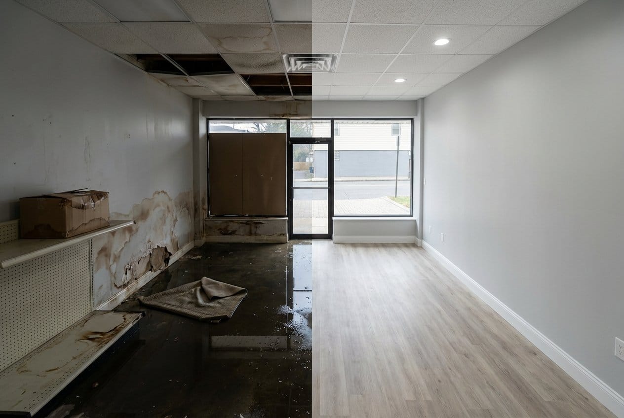 Before and after content drying & property cleanup in Bergenfield townhouse storefront interior