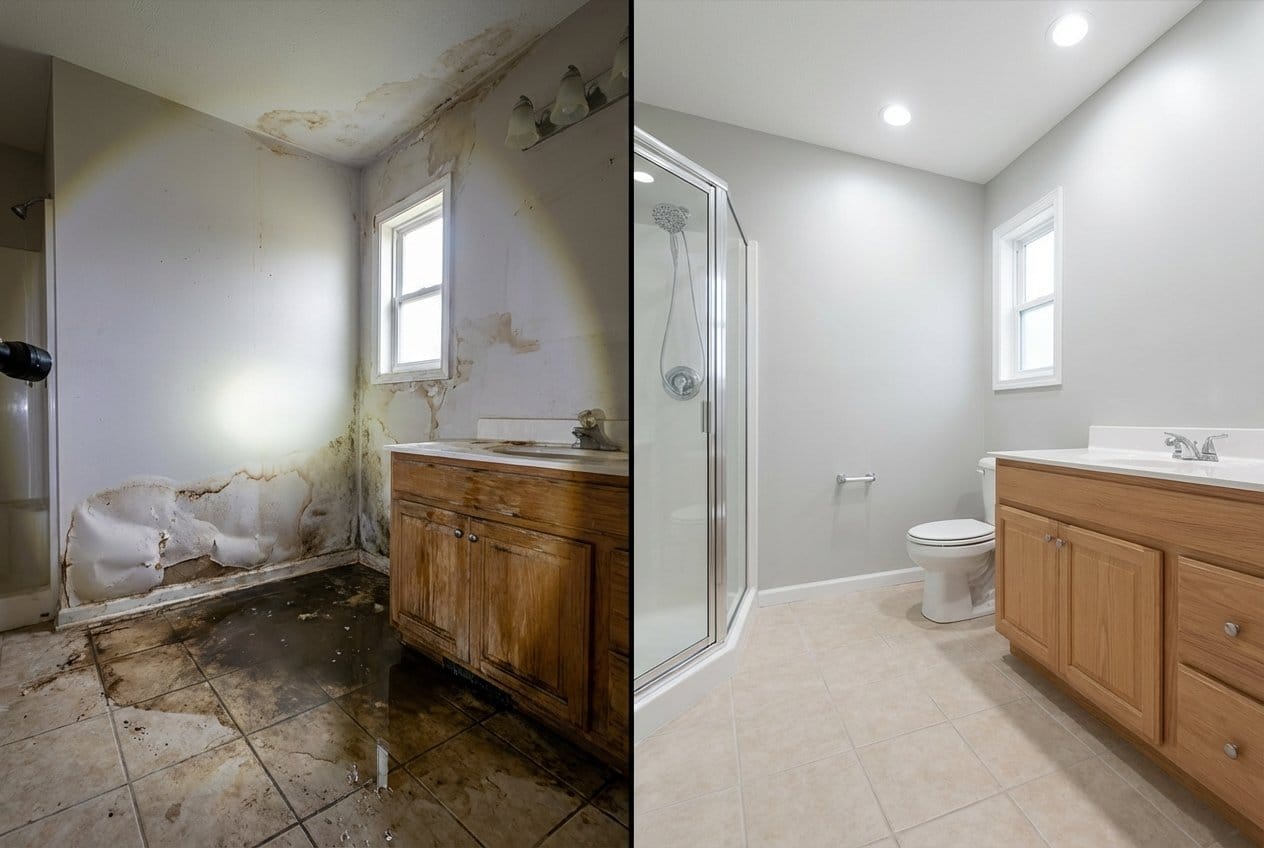 Before and after mold prevention after water damage in Bergenfield Victorian home bathroom