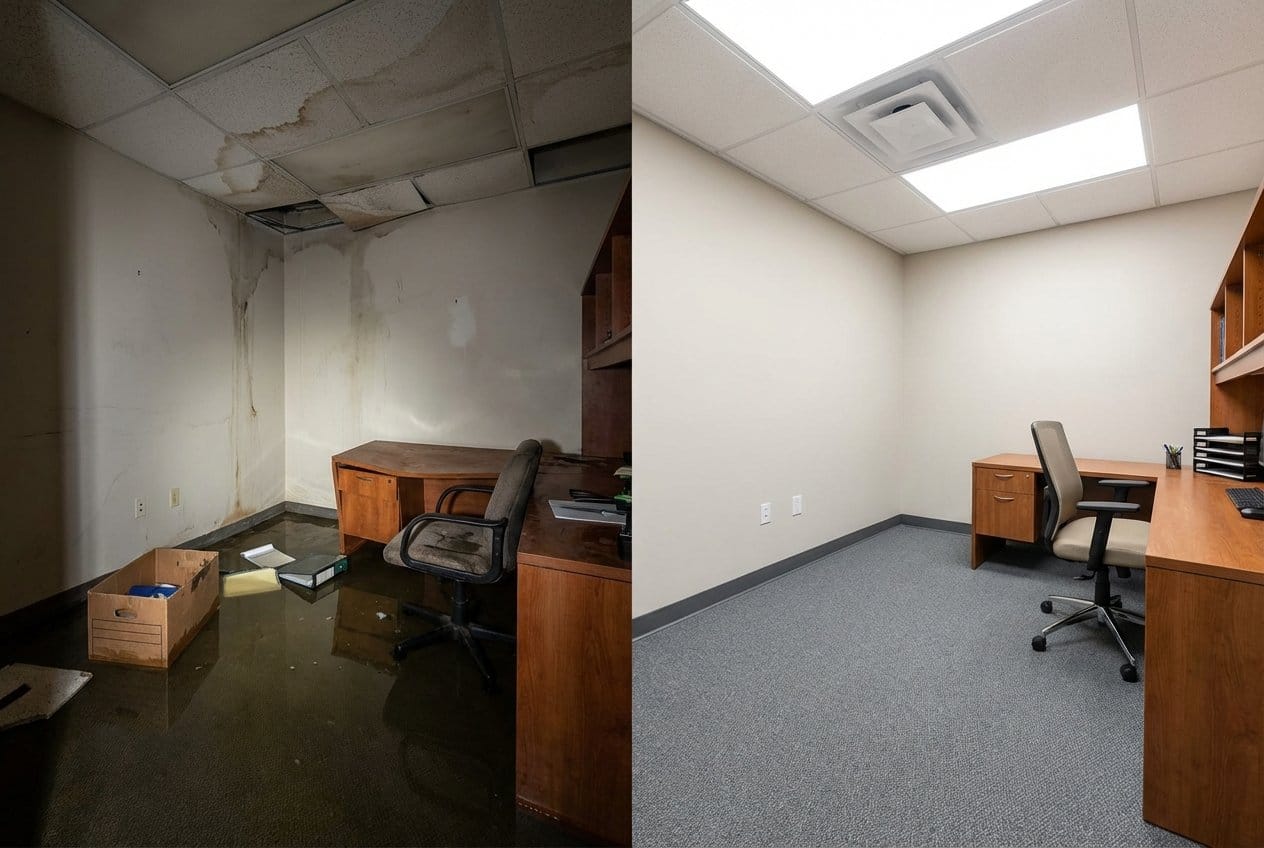 Bergenfield Water Damage Restoration commercial office space restoration before and after in Bergenfield