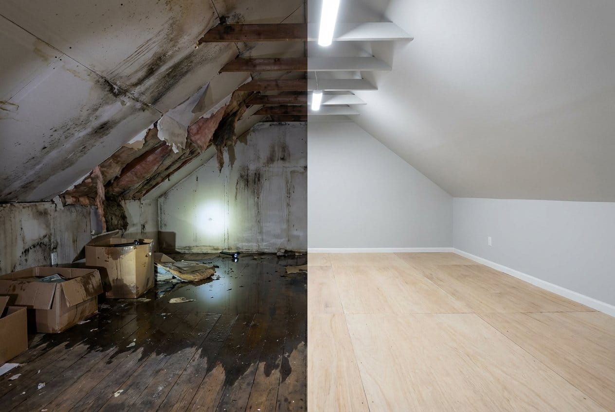 Bergenfield Water Damage Restoration attic space restoration before and after in Bergenfield